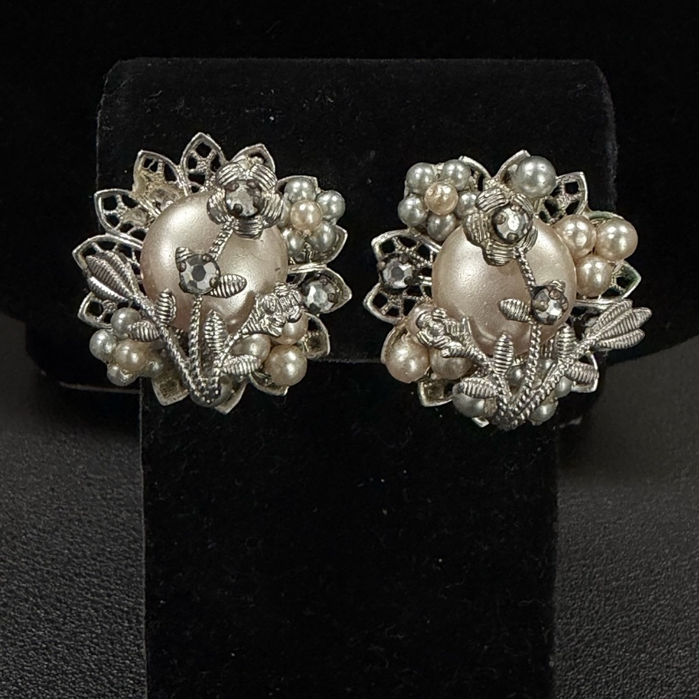Elegant Silver and faux Pearl Floral Earrings